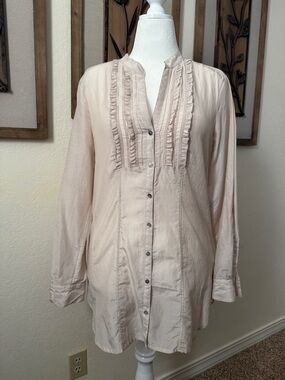 Women’s Light Pink Sheer Satin Ruffle-Front Button Tunic Top